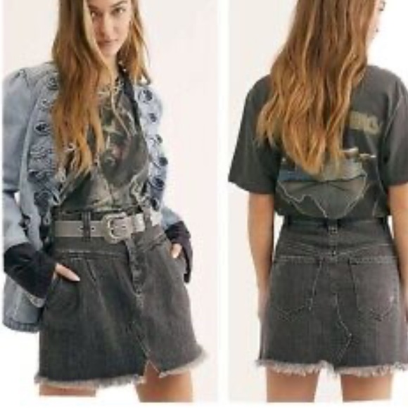 Free People Faded Black Frayed Hem Sidecar Distressed Mini Skirt - Picture 2 of 7